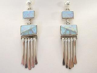 Beautiful Fire & Ice Lab Opals inlaid between ribbons of Sterling Silver. Post Earrings. Designed by Navajo Artist Calvin Begay. Created by Lambert Livingston. Signed.