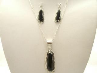 Genuine Onyx set in Sterling Silver. Necklace and Earrings Set. Created by Navajo Artist Harry Spencer. Signed with the Artist's Initial H.