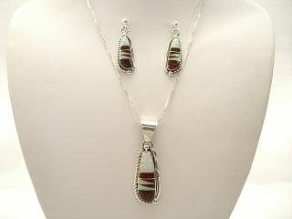 Necklace and Earrings Set Beautiful White and Burgundy Fire & Ice Lab Opals inlaid in Sterling Silver Pendant and Earrings. Free 18" Sterling Silver Chain with purchase. Created by Navajo Artist Harry Spencer. Signed H.