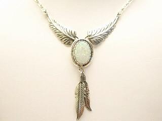Fire & Ice Lab Opal set in Sterling Silver Necklace. Beautiful Feather and Leaf Design. Created by Navajo Artist Richard Hoskie.
