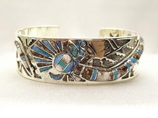Fire and Ice Lab Opal & Genuine Wildhorse inlaid in Sterling Silver Bracelet. Kachina Design. Created by Zuni Artist HK