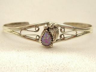 Fire & Ice Pink Lab Opal set in Sterling Silver Bracelet. Sterling Silver Leaf Design. Created by Navajo Artist Rita Dawes