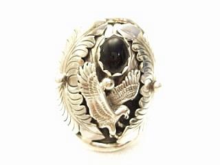 Authentic Native American Jewelry. Genuine Black Onyx set in Sterling Silver Ring. Beautiful Eagle and Leaf Design. Navajo Made.