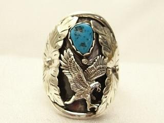 Authentic Native American Jewelry. Genuine Turquoise set in Sterling Silver Ring. Beautiful Eagle Design. Created by Navajo Artist Dennis Okee.