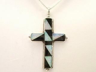 Genuine Jet and Fire & Ice Lab Opal inlaid in Sterling Silver Cross Pendant. FREE 18" Sterling Silver Chain with purchase. Zuni Made.