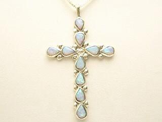 Lab Fire & Ice Opal Cross set in Sterling Silver. FREE 18" Sterling Silver Chain with purchase. Navajo made.
