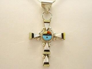 Genuine Mother of Pearl, Gold Lip, Turquoise, Jet and Coral inlaid in Sterling Silver. Zuni Sunface Cross Pendant. FREE 18" Sterling Silver Chain with purchase. Zuni made.