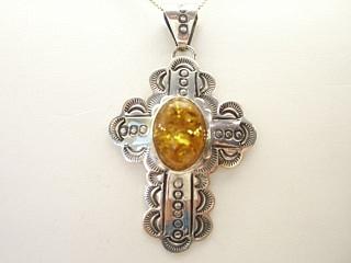 Genuine Amber set in Sterling Silver Cross Pendant. FREE 18" Sterling Silver Chain with purchase of Pendant. Created by Navajo Artist Harry Spencer. Signed