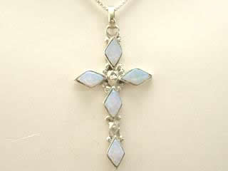 Fire & Ice Lab Opal set in Sterling Silver Cross Pendant. FREE 18" Sterling Silver Chain with purchase of Pendant. Created by Zuni Artist Delbert Homer. Signed