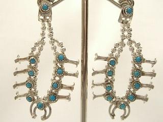 Genuine Turquoise set in Sterling Silver Post Earrings. Squash Blossom Design. Navajo Made.