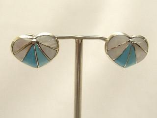 Genuine Turquoise and Mother of Pearl inlaid between ribbons of Sterling Silver. Post Earrings. Zuni Made.