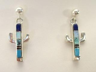 Genuine Turquoise, Blue Lapis, Jet and Fire & Ice Lab Opal inlaid in Sterling Silver Post Earrings. Created by Navajo Artist Calvin Begay.
