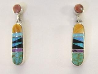 Genuine Turquoise, Spiny Oyster Shell, Jet, Sugilite and Fire & Ice Lab Opal inlaid in Sterling Silver Post Earrings. Created by Navajo Artist Calvin Begay.