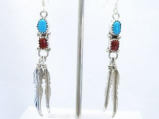 Authentic Native American Jewelry. Genuine Turquoise & Coral set in Sterling Silver French Wire Earrings. Created by Navajo Artist Betty Begay. 