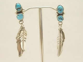 Genuine Turquoise set in Sterling Silver. Sterling Silver Feathers. Navajo Post Earrings Created by Navajo Artist Betty Begay.