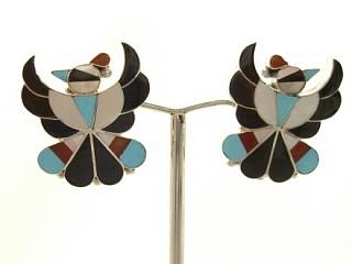 Genuine Sleeping Beauty Turquoise, Mother of Pearl, Jet and Coral inlaid between ribbons of Sterling Silver. Zuni Made Clip on Earrings. Thunderbird Design