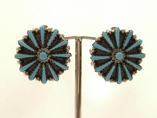 Genuine Turquoise set in Sterling Silver. Clip on Earrings. Beautiful Petit Point Design. Zuni made.