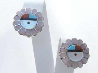 Genuine Mother of Pearl inlaid between ribbons of Sterling Silver with Turquoise, Jet and Coral set in Sterling Silver. Sun Face Design. Clip on Earrings Zuni Made.