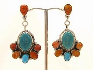 Genuine Turquoise and Spiny Oyster Shell set in Sterling Silver Post Earrings. Navajo Made.