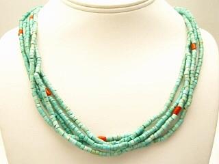 Genuine 5 strand Turquoise & Coral Necklace with Sterling Silver Clasp. Navajo Made.