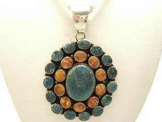 Genuine Spider Web Turquoise and Spiny Oyster Shell set in Sterling Silver Pendant. Free 18