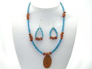 Genuine Turquoise and Apple Coral Necklace and Earrings Set. Sterling Silver Chain and Clasp. Navajo Made.