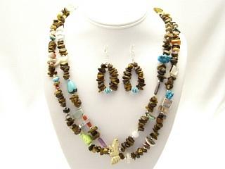 2 Strand Treasure Necklace of Genuine Assorted Gemstones with Sterling Silver Clasp. Feauturing Genuine Turquoise, Coral, Onyx, Shell and Jasper. Necklace and Earrings Set Created by Navajo Artist Naomi Unakite.