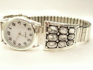 Genuine Howlite known as White Buffalo Turquoise set in Sterling Silver Watch Tip on an expandable band. Navajo made.