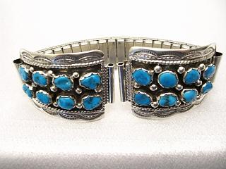 Genuine Turquoise set in Sterling Silver. Watch Tips with expandable band. Created by Navajo Artist Bobby Becenti..