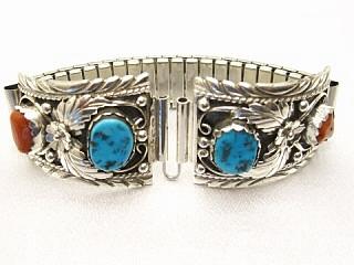 Genuine Sleeping Beauty Turquoise & Genuine Coral set in Sterling Silver. Mens Watch Tip with expandable band. Created by Navajo Artist Harry Spencer.