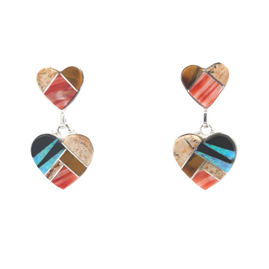 Calvin Begay Genuine Picture Jasper Sterling Silver Double Hearts Earrings