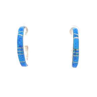 Calvin Begay Fire and Ice Blue Opal Sterling Silver Hoop Earrings