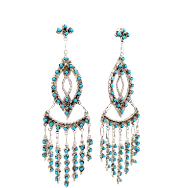 Zuni Indian Jewelry 4 inches Long Genuine Sleeping Turquoise Sterling Silver Dangle Earrings