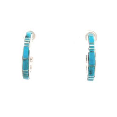 Calvin Begay Genuine Kingman Turquoise Sterling Silver Hoop Earrings
