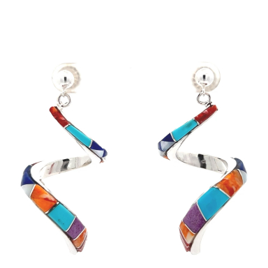 Calvin Begay Genuine Gemstones Sterling Silver Spiral Earrings