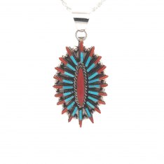 Zuni Indian Jewelry Genuine Coral Sterling Silver Needlepoint Pendant