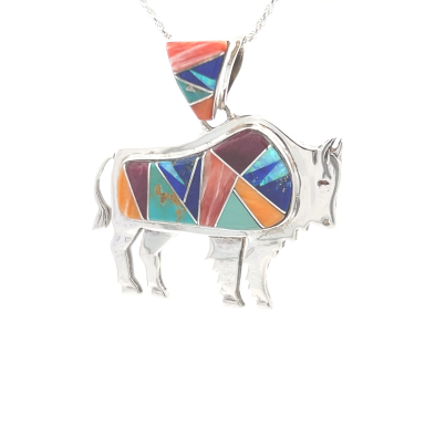 Navajo Artist Calvin Begay Genuine Gemstones Sterling Silver Buffalo Pendant