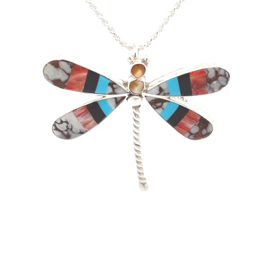 Zuni Indian Jewelry Genuine Gemstone Sterling Silver Dragonfly Pendant/ Pin