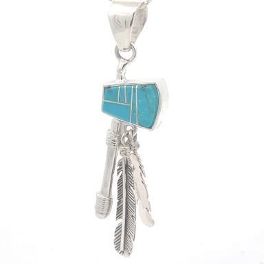 Calvin Begay New Tomahawk Design Genuine Kingman Turquoise Sterling Silver Reversible Pendant