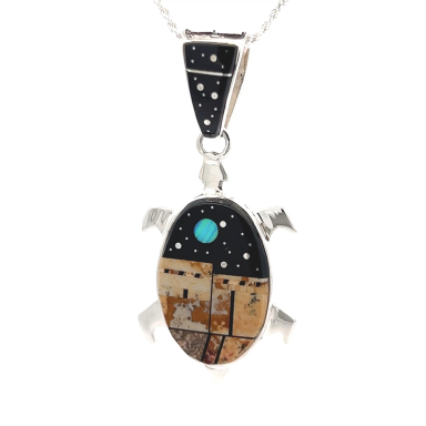 Calvin Begay Starry Night in the Pueblo Sterling Silver Reversible Turtle Pendant