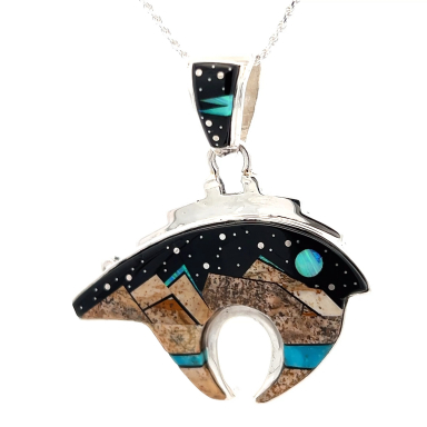 Calvin Begay Native American Jewelry Night Sky Design Sterling Silver Bear Pendant