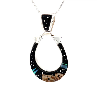 Just In! Calvin Begay Starry Night in the Pueblo Sterling Silver Horse Shoe Pendant