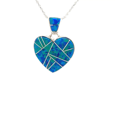 Calvin Begay Fire and Ice Blue Opal Sterling Silver Heart Pendant