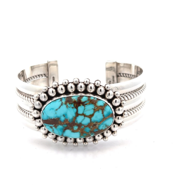 Artie Yellowhorse Genuine Kingman Web Turquoise Sterling Silver Bracelet