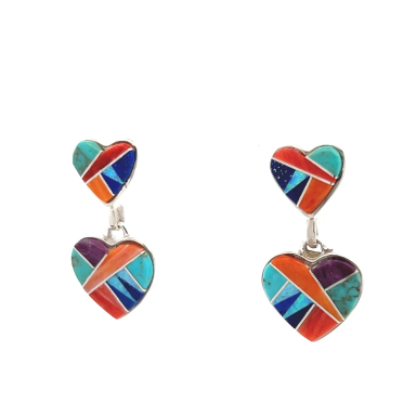 Calvin Begay Genuine Gemstones Sterling Silver Double Heart Earrings