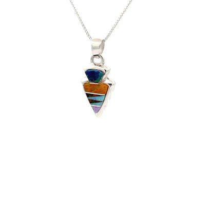 Calvin Begay Jewelry Fire and Ice Opal Sterling Silver Arrowhead Pendant