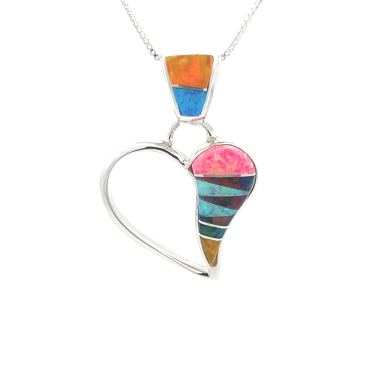 Calvin Begay Native American Jewelry Fire and Ice Opal Sterling Silver Open Heart Pendant