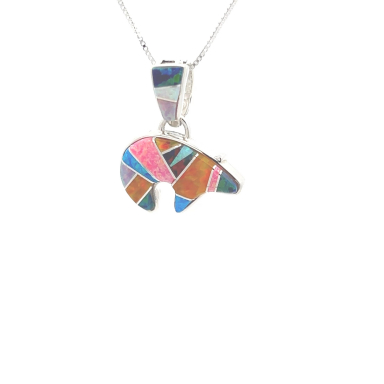 Navajo Artist Calvin Begay Jewelry Fire and Ice Opal Sterling Silver Reversible Bear Pendant