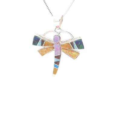 Calvin Begay Fire and Ice Opal Sterling Silver Dragonfly Pendant
