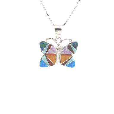 Calvin Begay Fire and Ice Opal Sterling Silver Butterfly Pendant